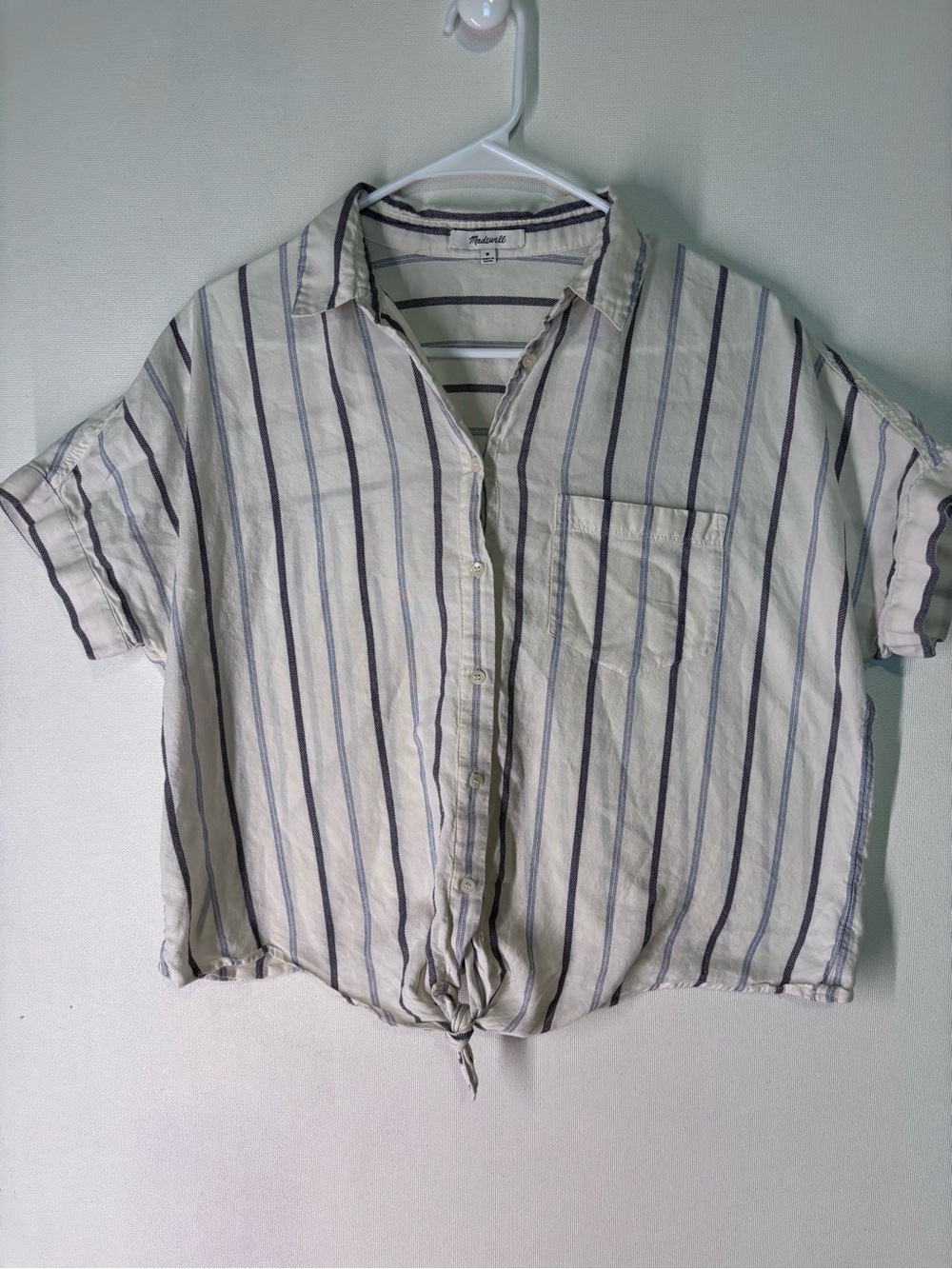 Madewell Cream Button-Down Shirt with Navy Stripes and Front Tie